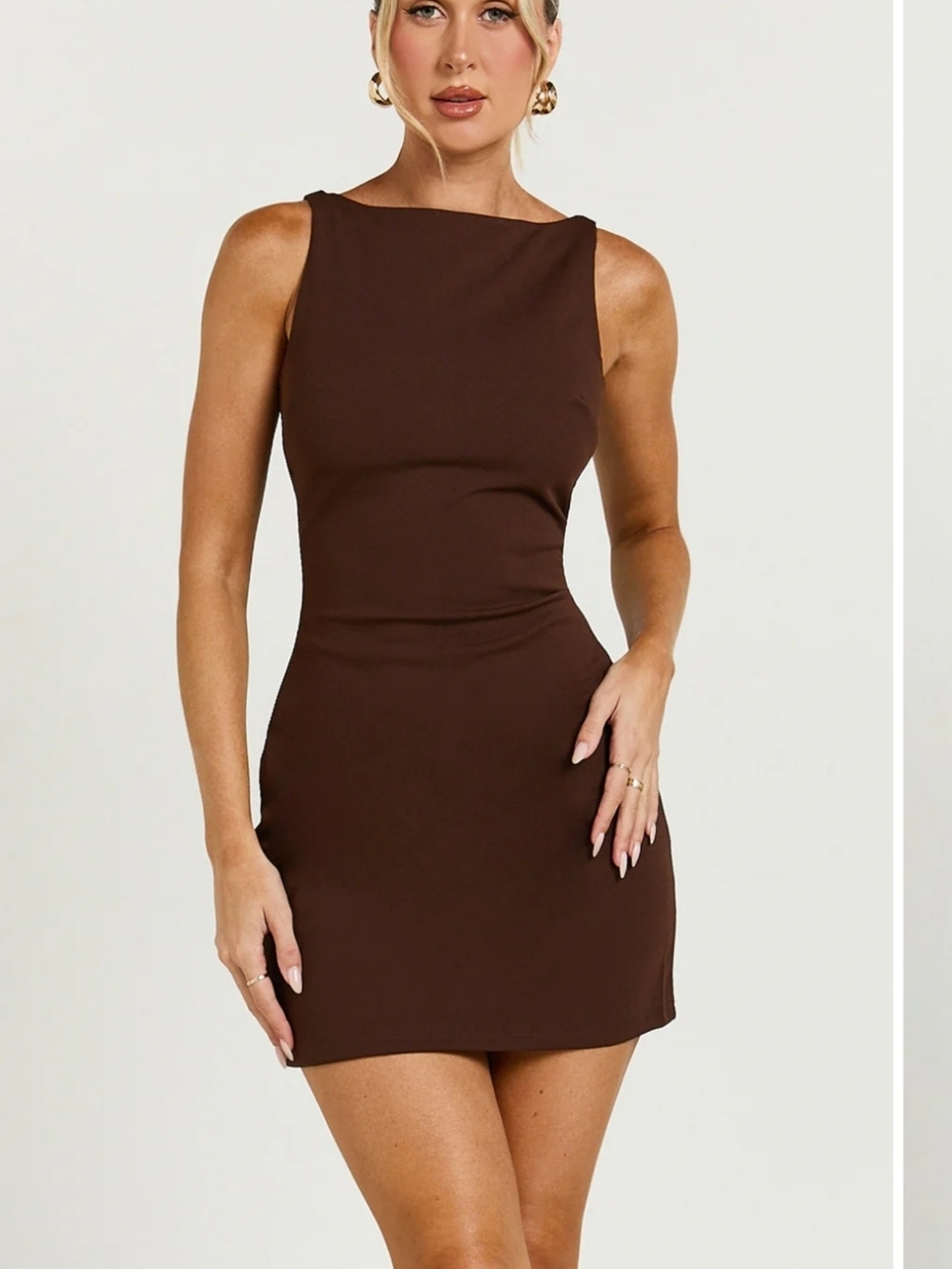 Showpo Bindi Boat Neck Bodycon Mini Dress Chocolate Brown Sleeveless US 8 NWT